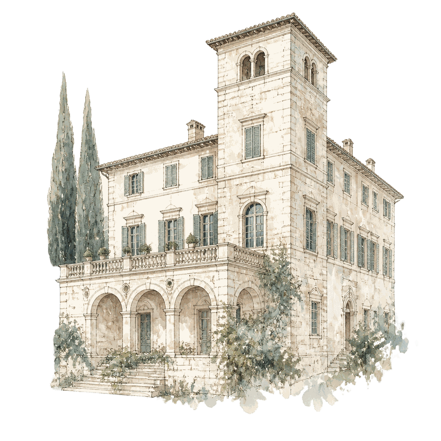 Watercolour sketch of a historic stone villa with a tower