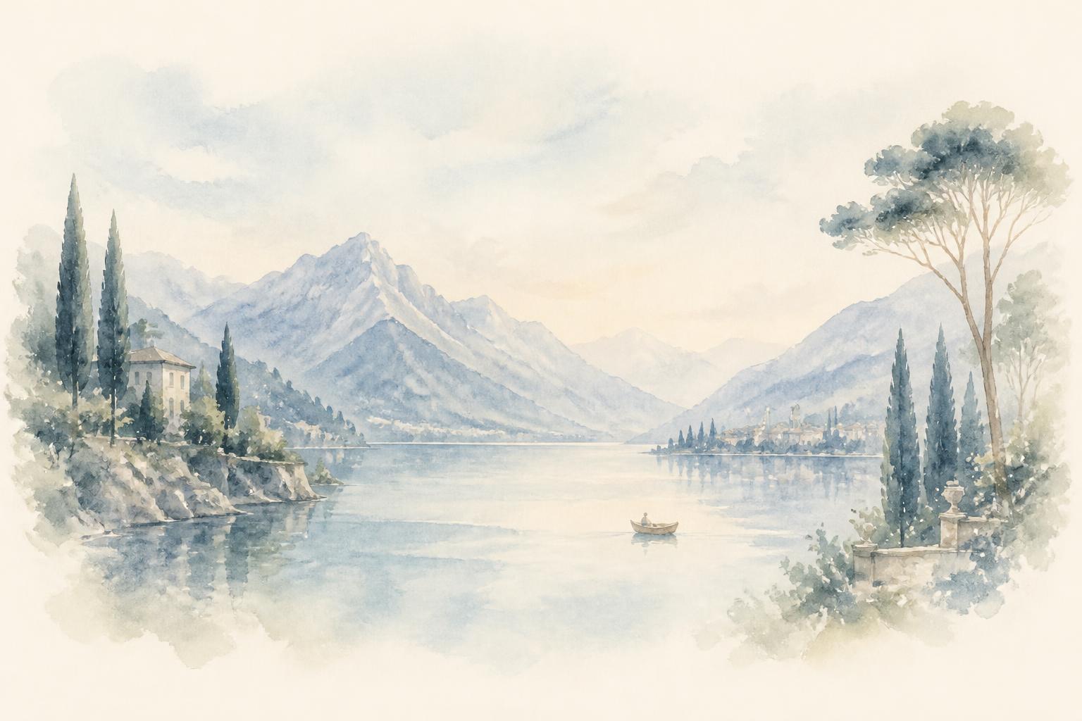 Pale watercolour of an alpine lake at dawn