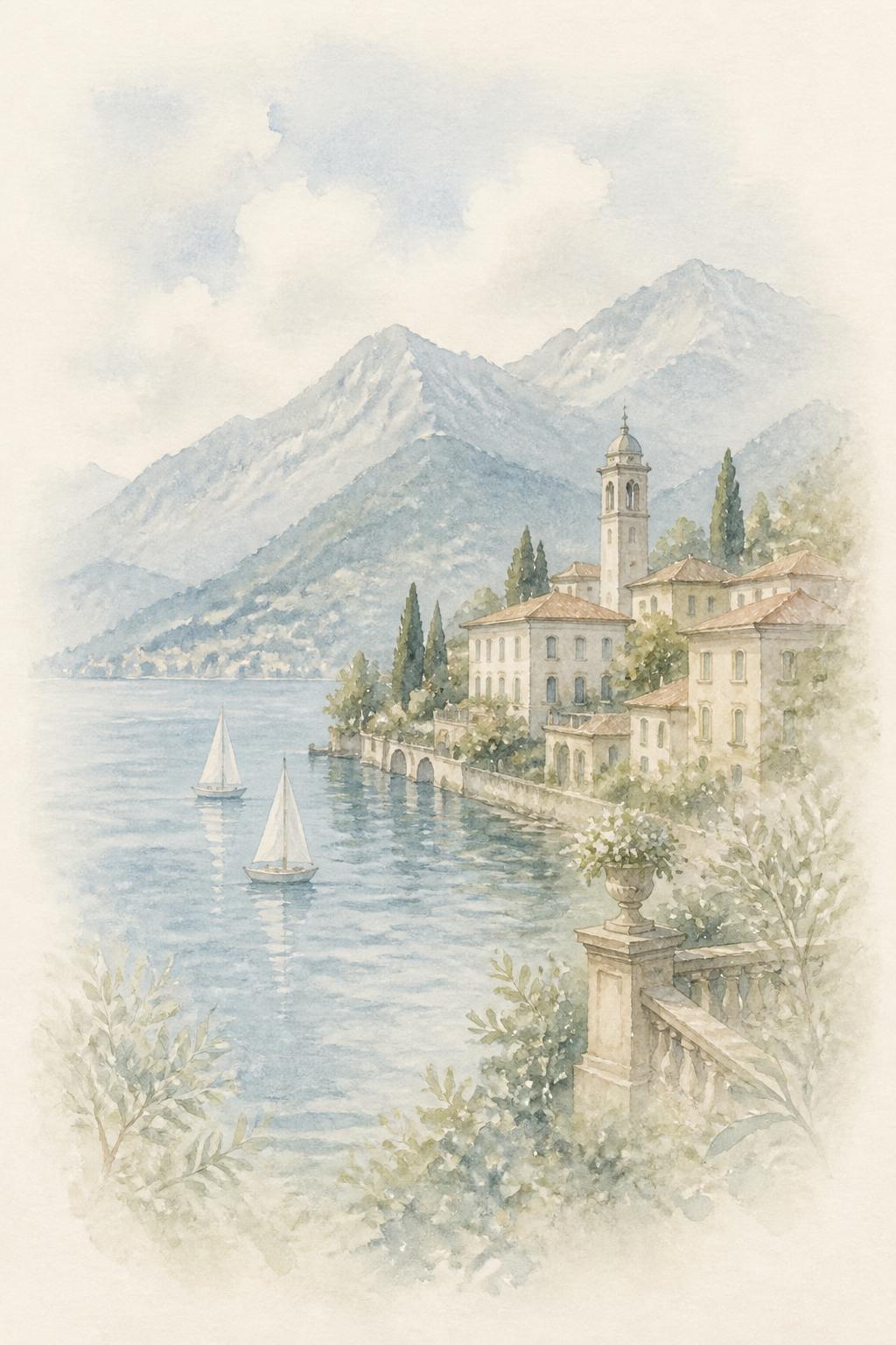 Watercolour painting of an Italian lakeside village with mountains and sailboats