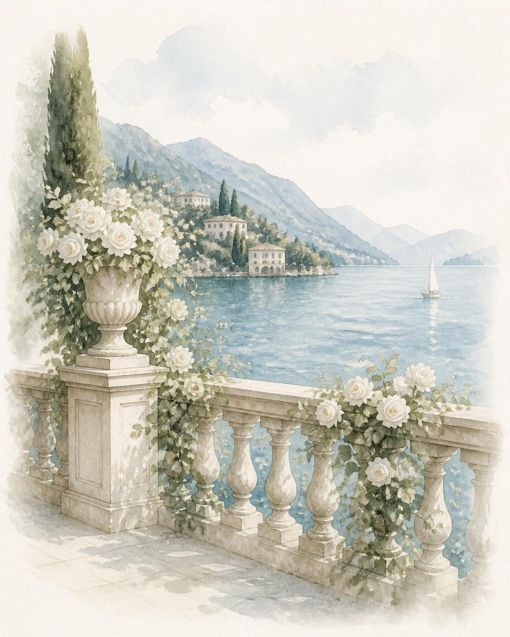 Watercolour of a lakeside stone terrace with white roses